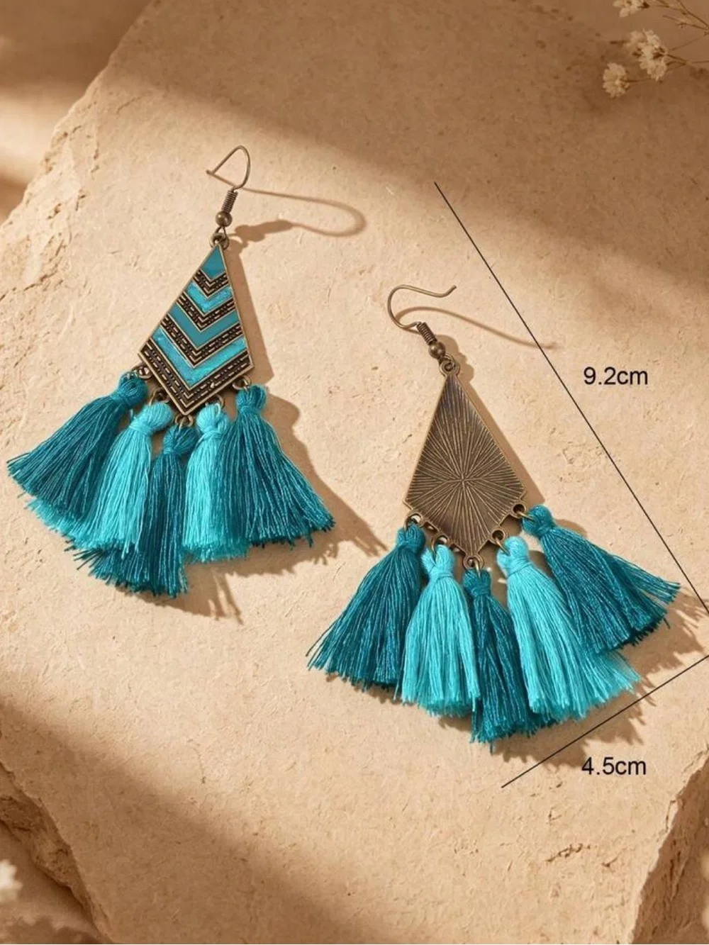 Boho Teal Chevron Tassel Drop Earrings